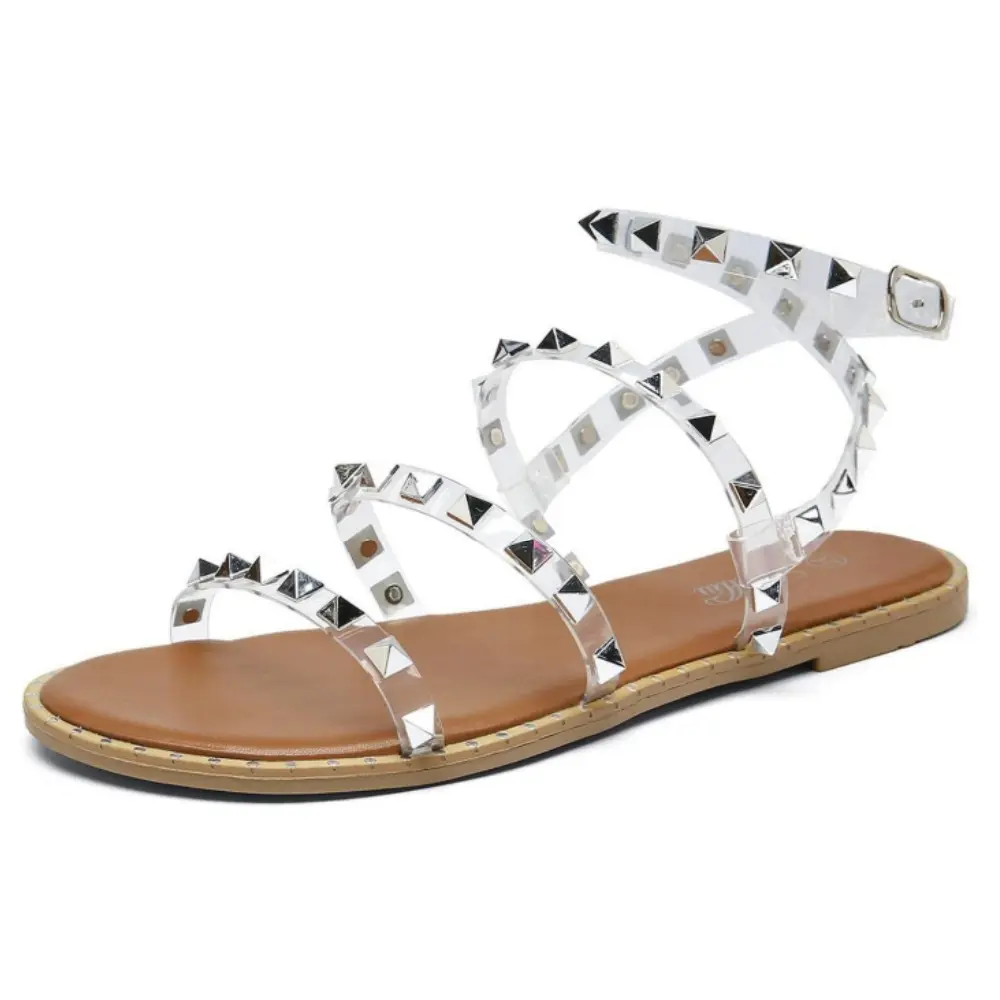 Women's Flat Sandals Strappy Studded Sandals Gladiator Sandals with Ankle Strap