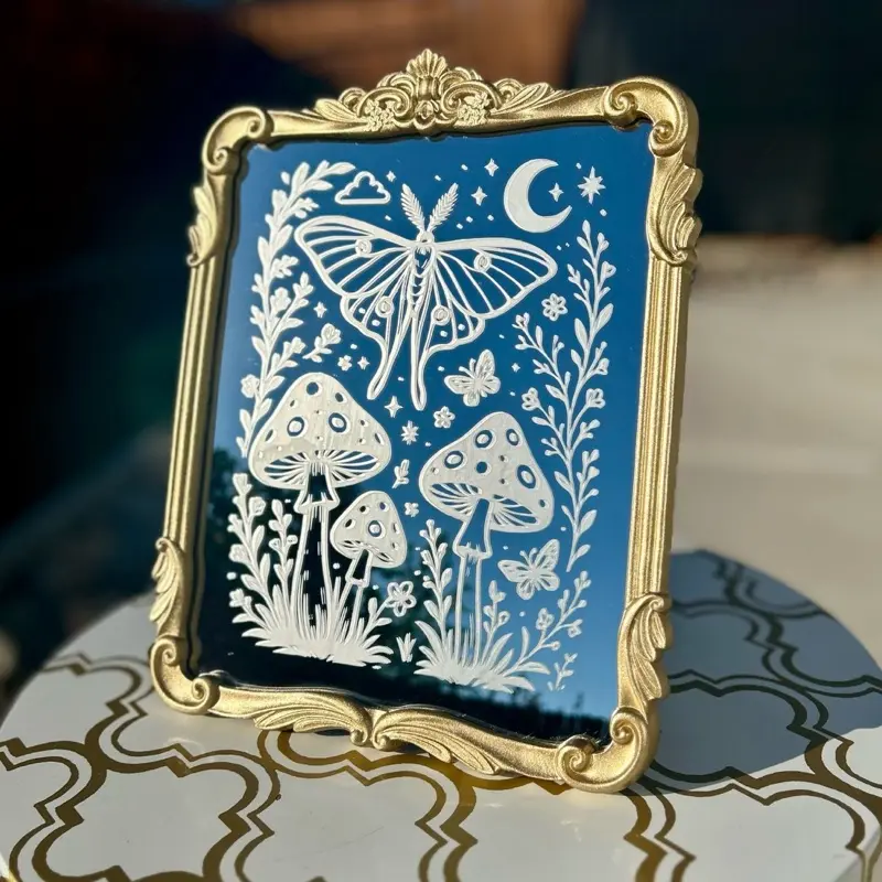 Whimsical Luna Moth & Mushroom Mirror - Etched Celestial Forest Decor, Fairycore Wall Art, Cottagecore Gift
