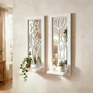 Wood Wall Sconce Candle Holder Set of 2 Rustic Wall-Mount Mirrored Candle Holders Carved Wood Frame Farmhouse Hanging Wall Decorations for Living Room Bathroom Bedroom