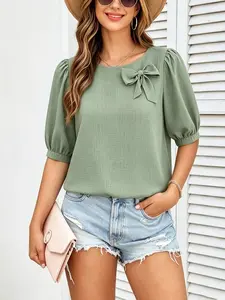 Celderio Women Vintage Lantern Sleeve Blouse Bowknot Crew Neck Loose Casual Office Top Womenswear