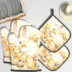 4pcs Heat Resistant Oven Mitts And Potholders Easter Bunny Oven Mitts And Pot Holders Sets Suitable For Kitchen Decoration, Cooking, Grilling, Baking And Great Holiday Camping Picnics Gifts