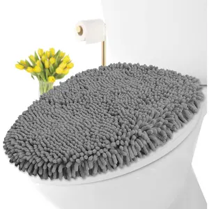Premium Chenille Microfiber Toilet Lid Cover, Soft Plush Toilet Seat Cover Set for Bathroom, Non-Slip Stretch Fit, Machine Washable, Fits Standard & Elongated Toilet Seat Lid (Light Gray)