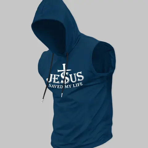 Men's Jesus Print Hooded Tank Top, Regular Fit Casual Sleeveless Hoodie Vest for Summer, Sleeveless Sporty Design, Men's Top for Daily Wear, Sporty Menswear, Yoga Sports Vest, Activewear Sleeveless, Sleeveless Gym Top, Sleeveless Workout Vest