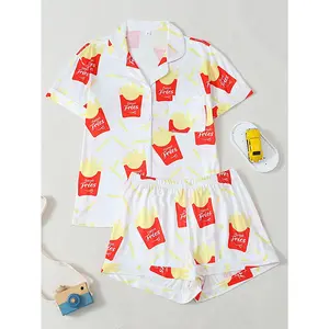 Foodie's Favorite French Fries Print Short Sleeve & Short Pants Pajama Set, Lapel Cardigan Contrast Trim Loungewear, French Fries Letter Pattern Casual 2-Piece Homewear for Daily & Outdoor Wear