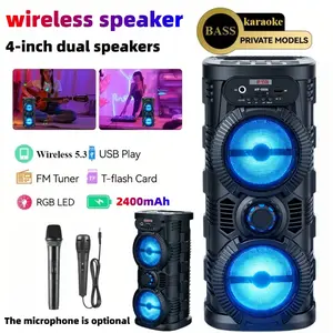 Bluetooth speaker, portable karaoke system, karaoke player, portable wireless speaker, subwoofer stereo, outdoor party speaker, high pitched sound effects, knob adjustable volume, supports FM radio, LED ambient light, with microphone, supports TF/USB/AUX