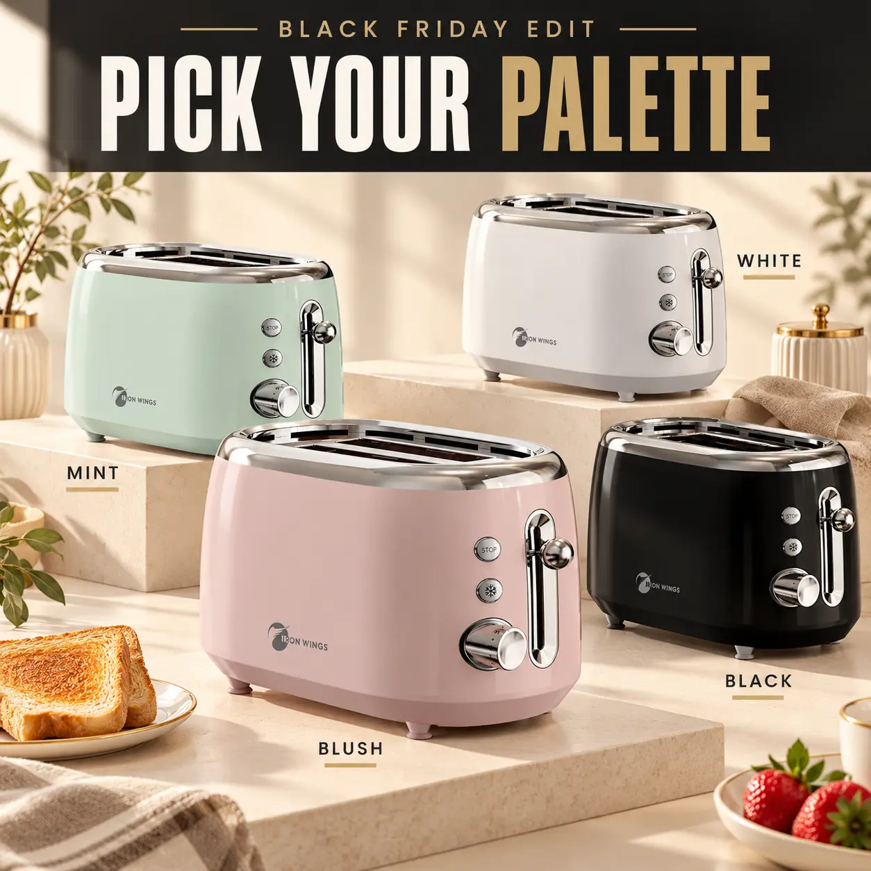 IRON WINGS Retro 2-Slice Toaster, Pastel Colors, Pull-Out Crumb Tray for Easy Cleaning | Black Friday，IRONWINGS Black Friday: Retro Style, Fresh Mornings