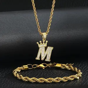 Fashion 14k Gold Plated Crown Initial Necklace Set Twisted Chain Bracelet Set Birthday Gift for Party Jewelry
