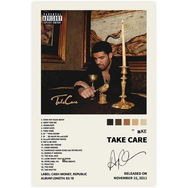 Drake "Take Care" Album Tracklist Canvas Poster - Lightweight Minimalist Wood Photo Print, Industrial Artistic Hip-Hop Hanging Decoration, Multi-Size Framed/Unframed Rapper Wall Art for Home, Balcony Supplies, Unique Artwork