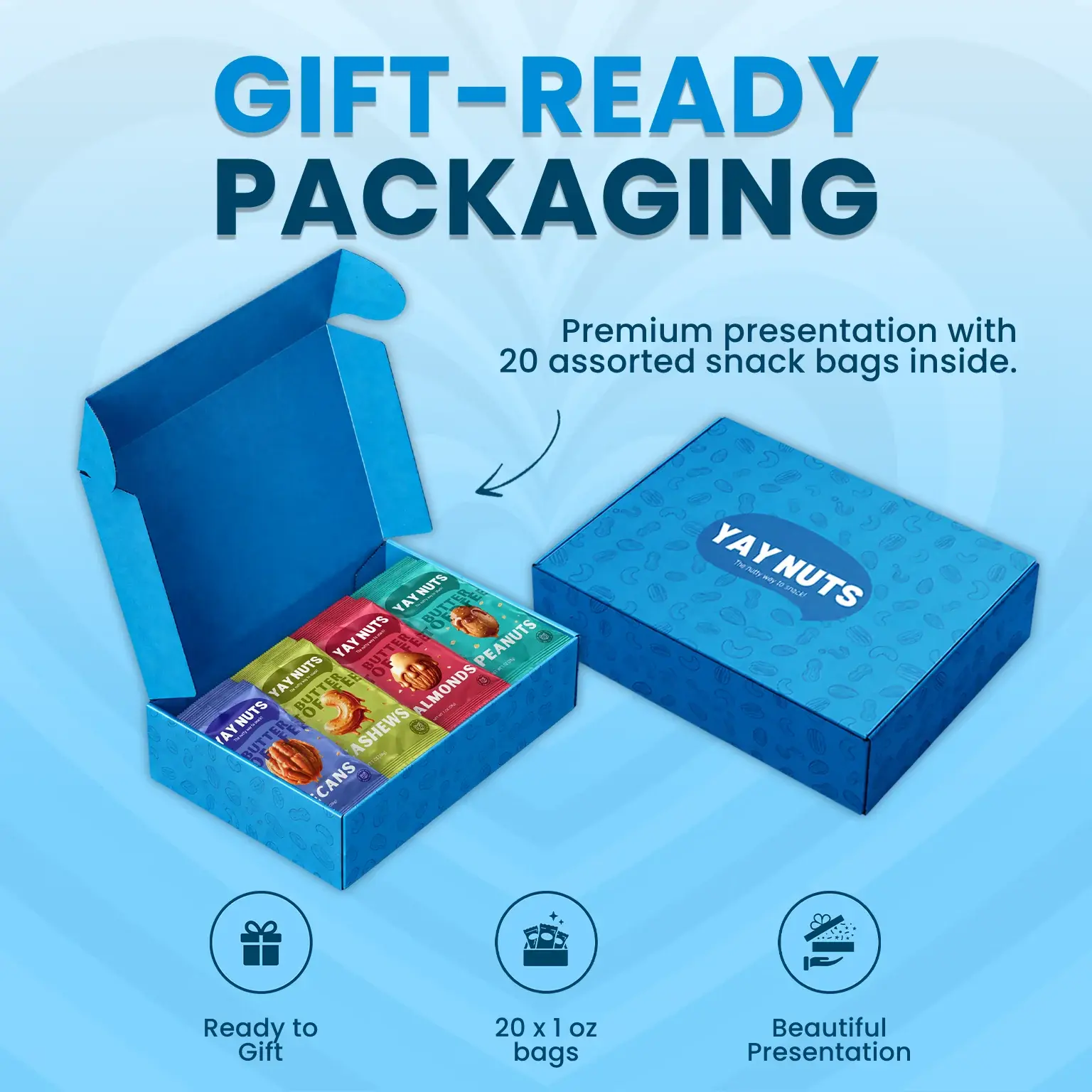 Yay Nuts Gourmet Gift Box - Low Fat Mixed Snack Variety Pack with Almonds, Pecans, Room Temp, Snacks for Adults, Food Pack, Healthy Holiday Gift for Family
