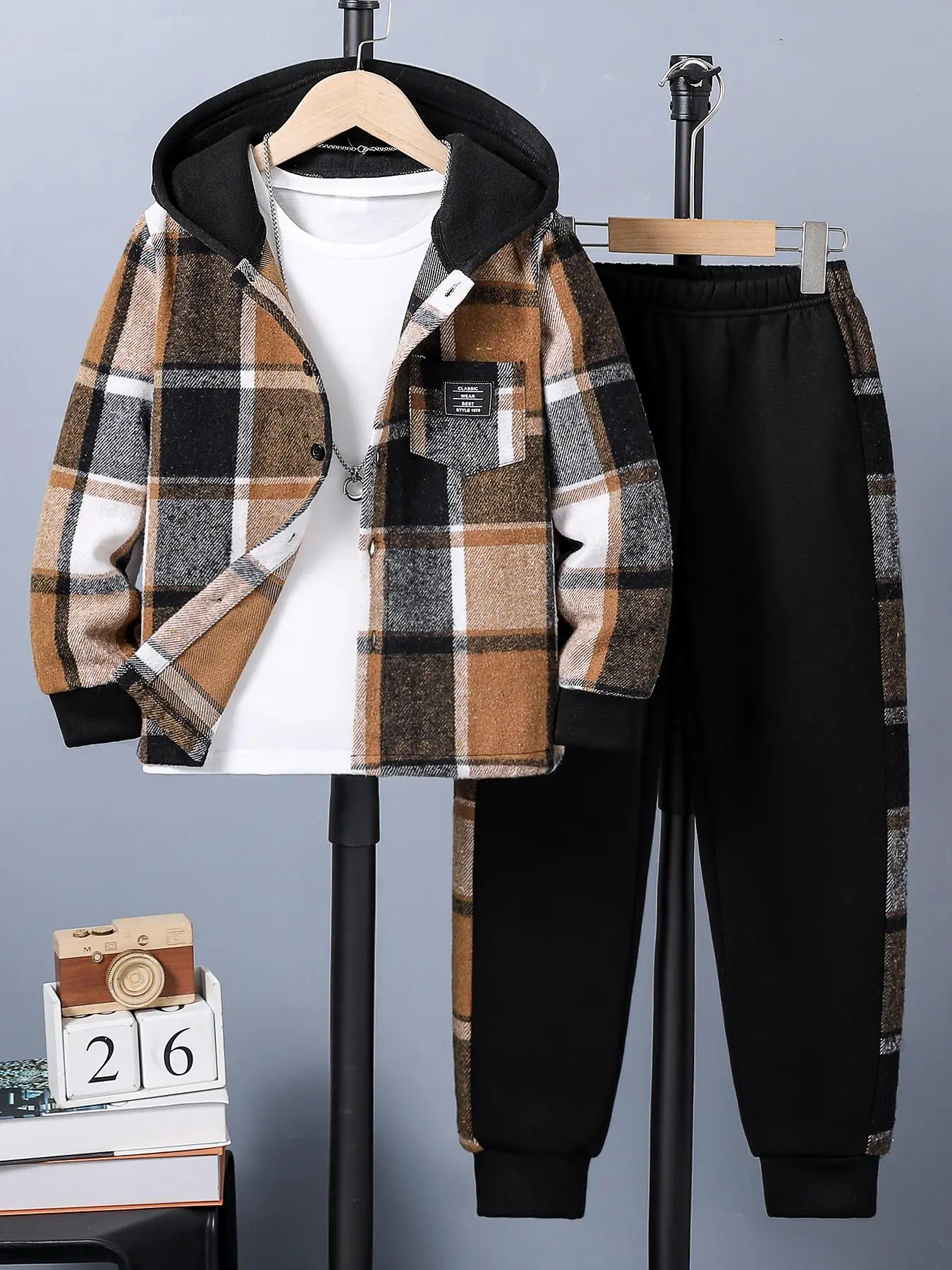 Two-piece Set Boy's Patchwork Plaid Print Button Front Pocket Hooded Sweatshirt & Sweatpants Set, Casual Long Sleeve Hooded Pullover & Jogger Pants for Spring & Fall, Kids Clothes for Daily Wear, Suit, Colorblock Plaid Set, Matching Set