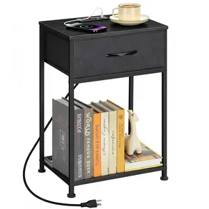 Black Nightstand with Charging Station, USB & AC Power Outlet Side Table, Fabric Drawer End Table with Open Storage Shelf, Adjustable Legs Multifunctional Bedside Cabinet for Bedroom Living Room Sofa Side