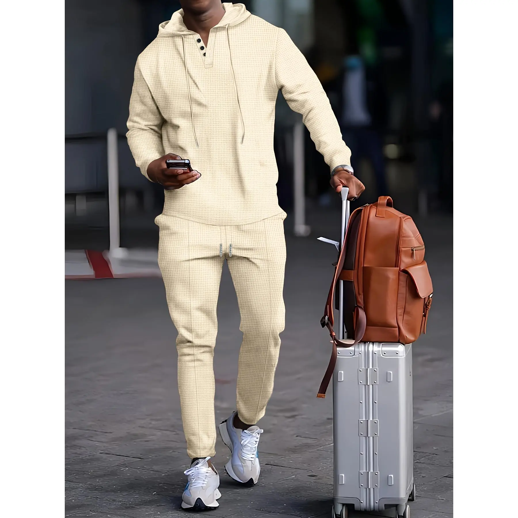 [2pcs Long Sleeve Hoodie Co-ord] 2pcs Men's Long Sleeve Hoodie + Pants Co-ord Set, Solid Color Waffle Knit Casual Suit Clothes For Autumn