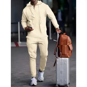 [2pcs Long Sleeve Hoodie Co-ord] 2pcs Men's Long Sleeve Hoodie + Pants Co-ord Set, Solid Color Waffle Knit Casual Suit Clothes For Autumn