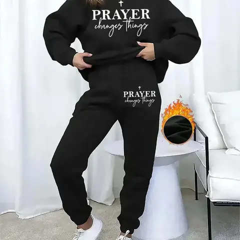Women's 2-Piece Plus Size Lounge Tracksuits Set - Sports Clothing Set, 0XL-5XL (Incl.1XL) Sweatshirt & Sweatpants, Fall 2025 Fashion Christian Faith "Prayer Changes Everything" Jogging & Workout Wear