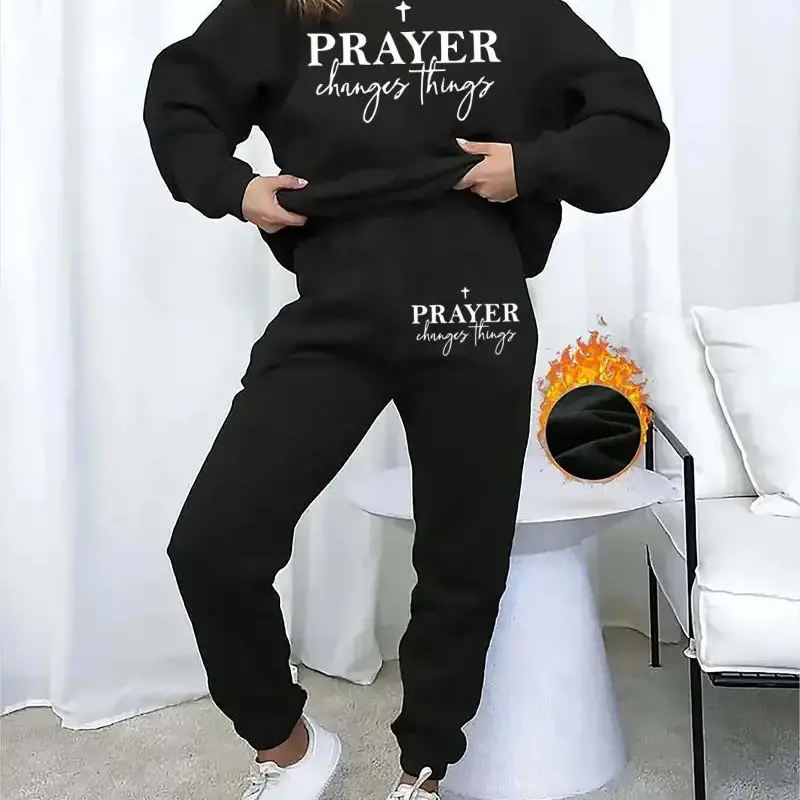 Women's 2-Piece Plus Size Lounge Tracksuits Set - Sports Clothing Set, 0XL-5XL (Incl.1XL) Sweatshirt & Sweatpants, Fall 2025 Fashion Christian Faith "Prayer Changes Everything" Jogging & Workout Wear