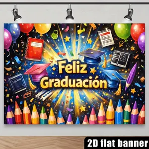 2D Flat，Colorful Book-themed Graduation Party Backdrop. The Center of the Image Features Yellow Text Reading "Feliz Graduación" with a Blue Graduation Cap Above the Text, Adorned with a Yellow Tassel. Below the