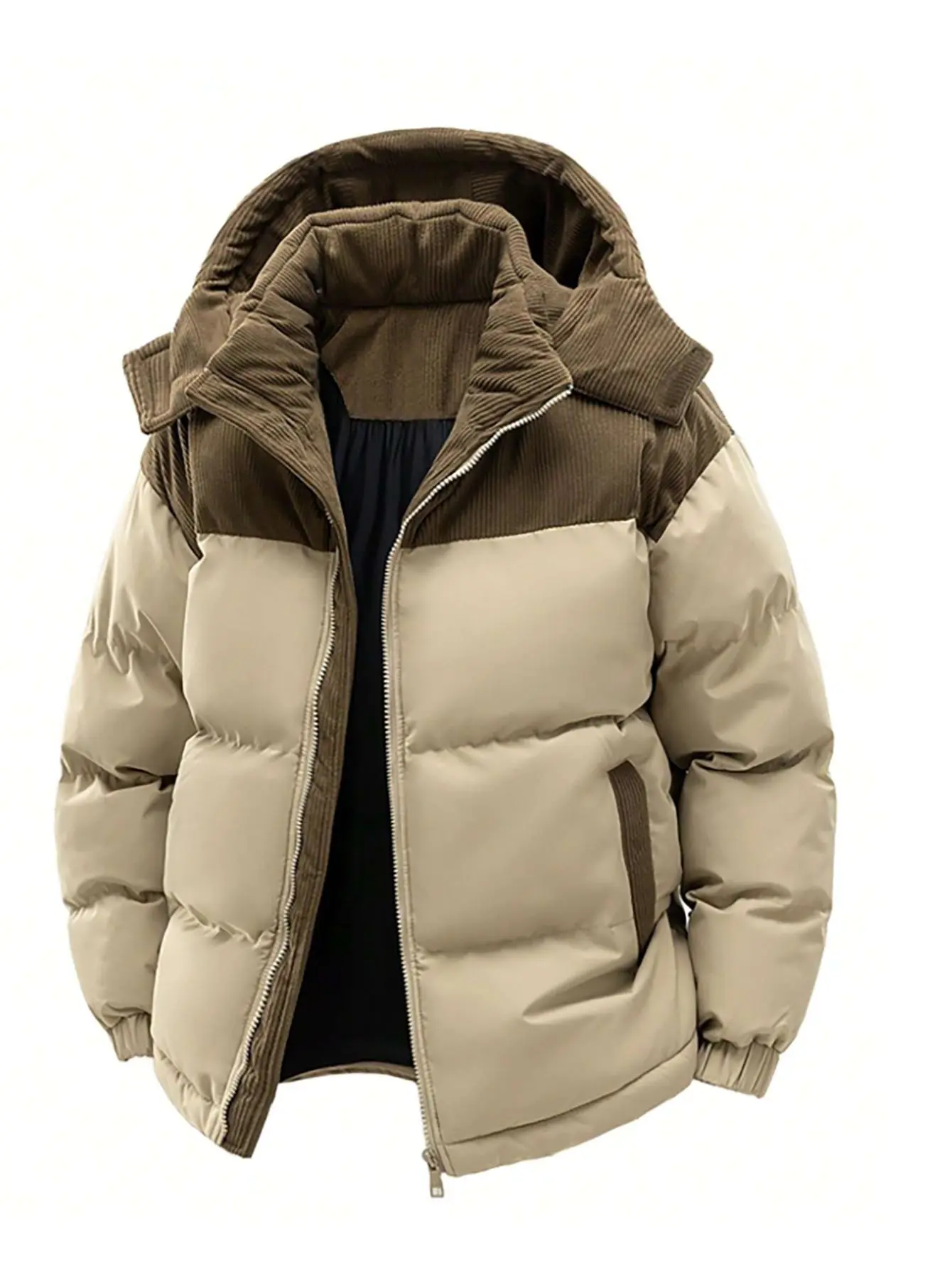 ColorArea Men’s Retro Insulated Winter Jacket, Fleece-Lined Coat with Detachable Hood, Patchwork Long-Sleeve Couples Outerwear, Khaki Casual Fall/Winter Outerwear