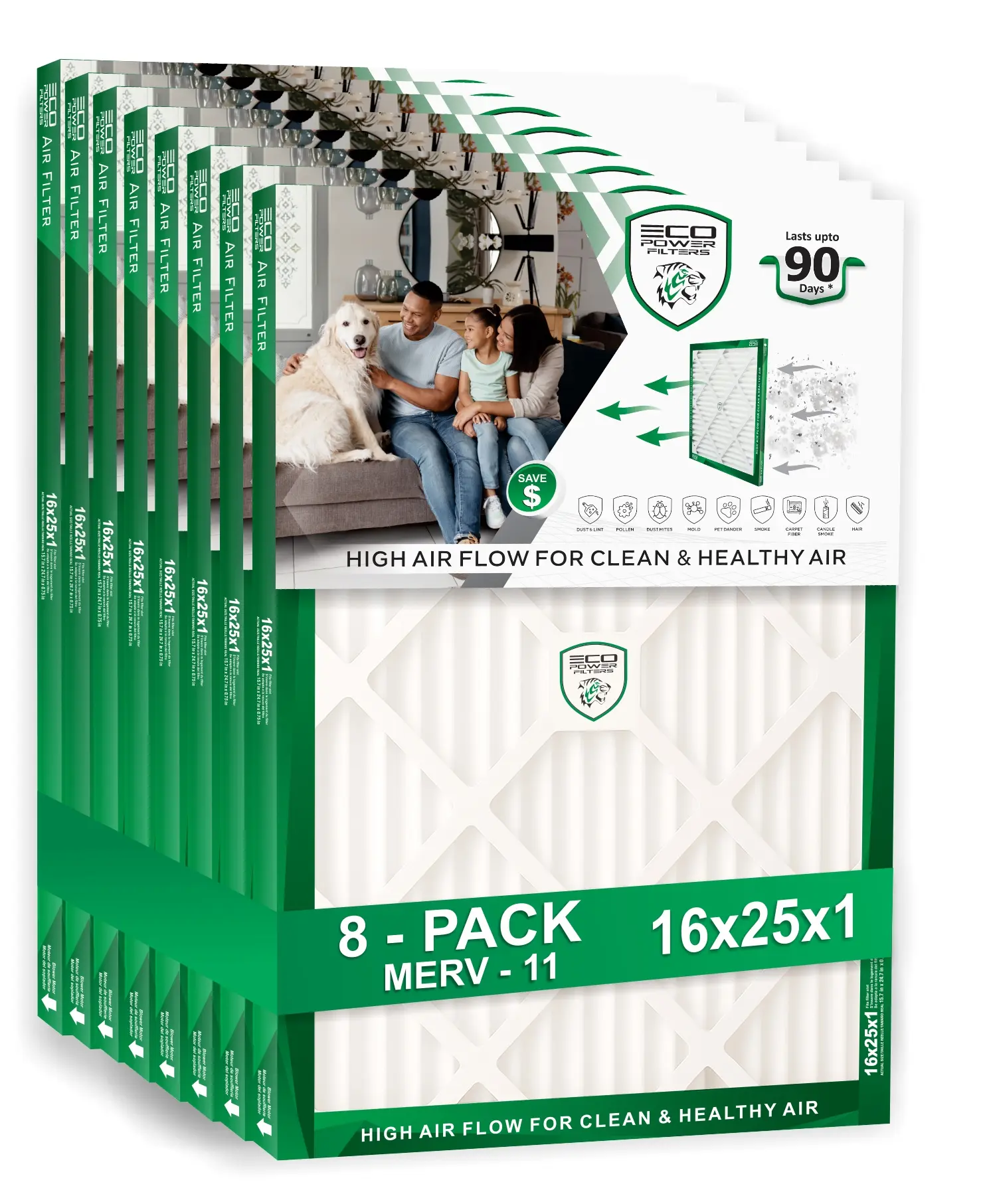 ECO POWER 16x25x1 (8 Pack) MERV 11 Pleated HVAC AC Furnace Air Filter – High Efficiency Replacement Filter, Captures Pollen, Dust, Pet Dander & Common Household AirBorne Particles.