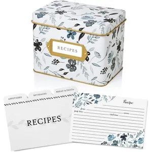 Recipe Card  Box, 25 4x6 inch Cards, 14 Dividers, Decorative Tin Box