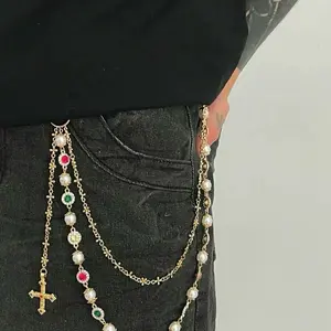 1 Pc pocket / wallet Chain, Faux Pearls & Gems ..For Hip Hop rapper, Rockstar & Biker aesthetic For Jean, jorts cargo pants & cargo shorts