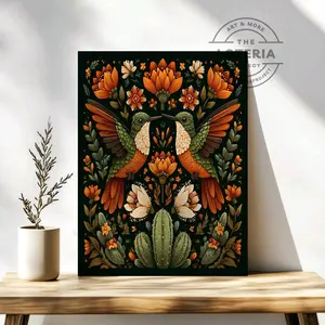 Folklorico Hummingbird Art Print – Colorful Mexican Folk Art, Fall Wall Decor, Vibrant Cacti Desert Poster, Unique Gift Illustration