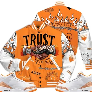 3 White Orange Peel Varsity Jacket, Orange Citrus 3s Outfit Trust No One Graphic Streetwear Sneaker Color Match Shirts
