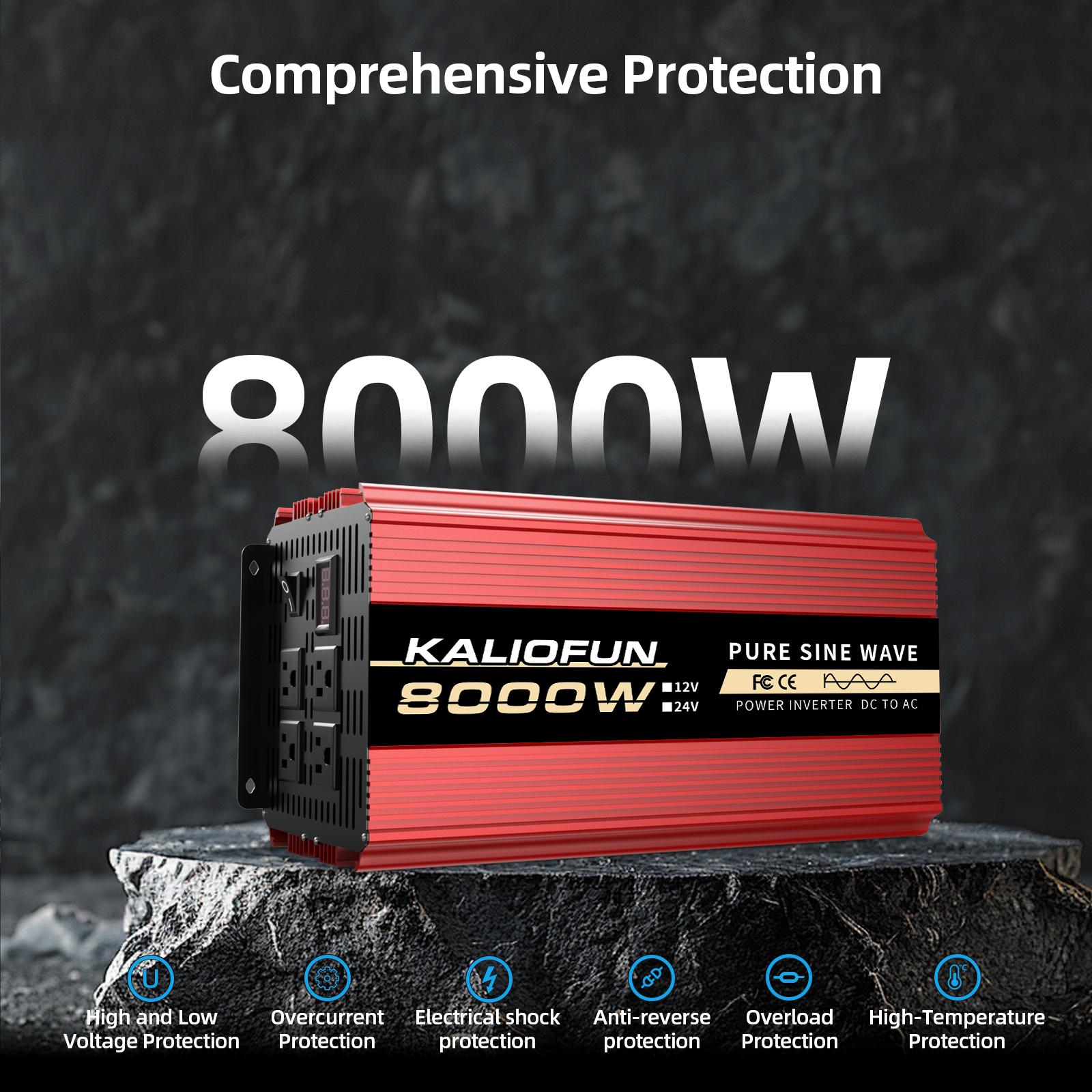 KALIOFUN 3000W/8000W high-power pure sine wave inverter, 12V DC to 110V AC converter, equipped with an LED display and 4 US-style outlets, ideal for cars, home emergency power systems, and outdoor power supply applications