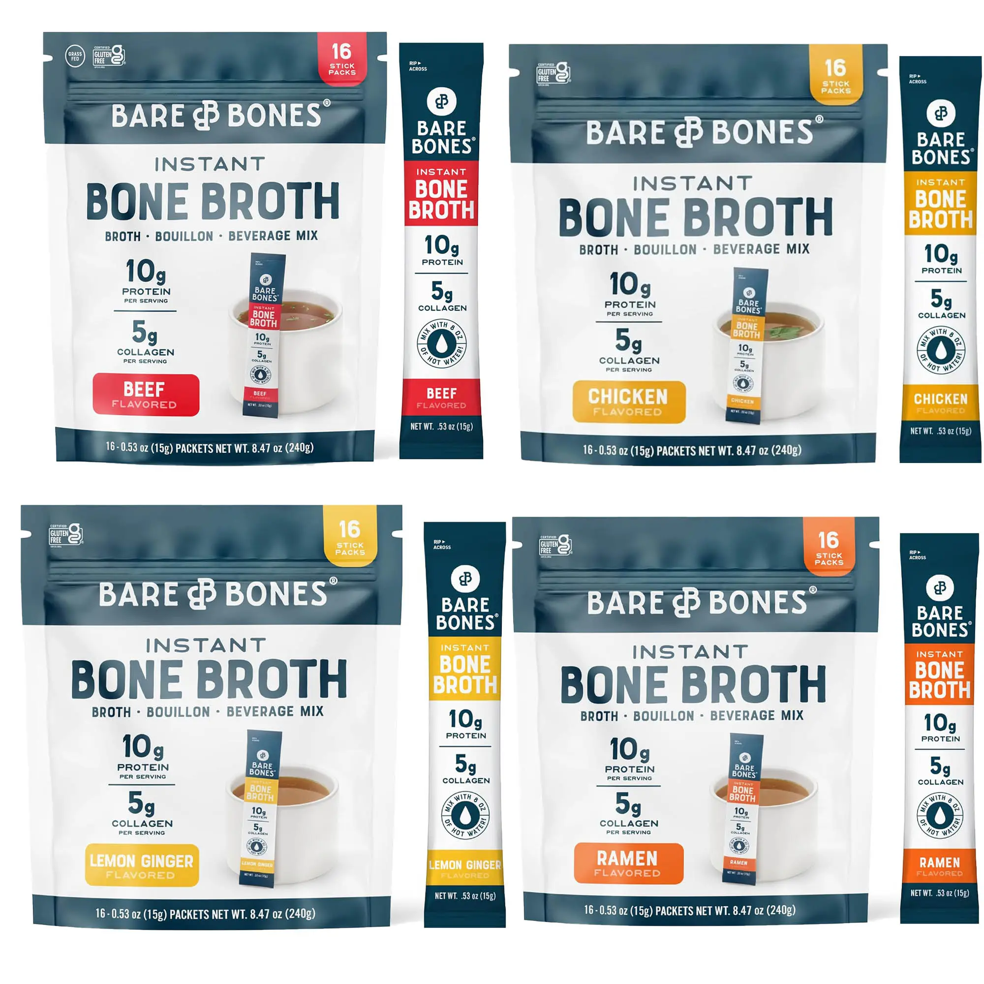 Bare Bones Bone Broth Powder Packets Variety Pack | 5 g Collagen | 10 g Protein | Keto & Paleo Friendly | No Artificial Flavors | Non-GMO, Gluten-Free, Dairy-Free on-the-go 16 Pack + Recipe Guide