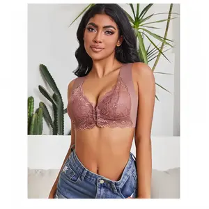 Plus Size Front Closure Push Up Bra Lace Back Smoothing Full Support Minimizer Wireless Seamless Comfort Bra