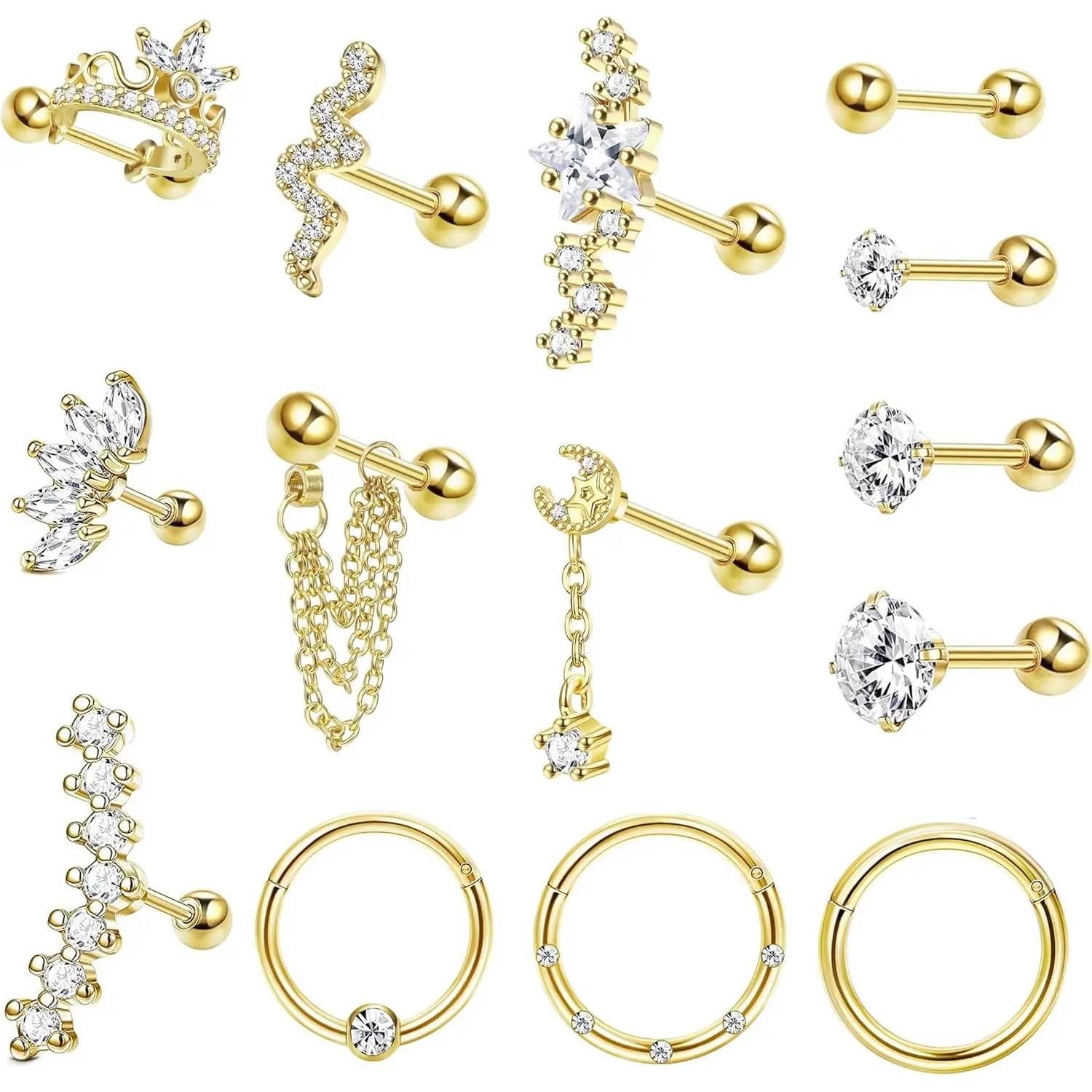 Milacolato 16g Hypoallergenic Surgical Stainless Steel Women's Jewelry Set - Stud Earrings, Dangle Earring Stack, Seamless Hoops for Multiple Piercings (Daith, Conch, Tragus) - Daily Wear Cartilage Pieces, Waterproof, 6Mm, Stackable, 14 Pcs, Anniversary