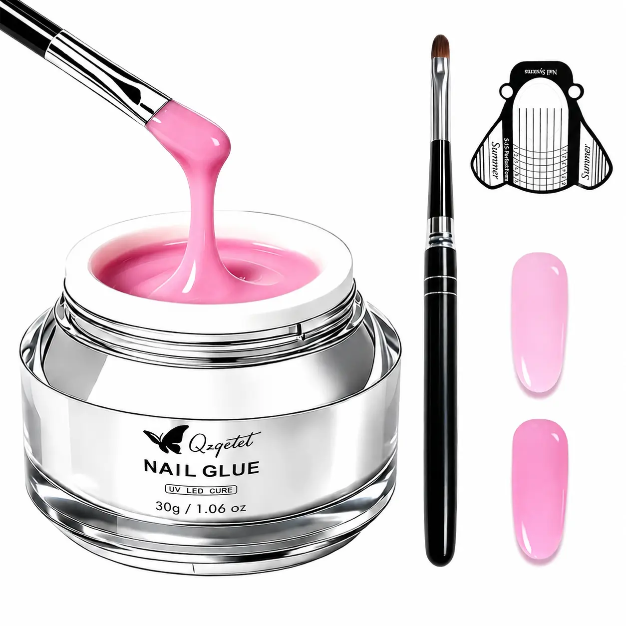 QZQETET Builder Gel, 30g Pink Sculpting Hard Gel for Strong Nail Extensions and Apex Building, Kit with Brush & 20 Forms, UV/LED Cure for DIY Manicure, Manicure Builder