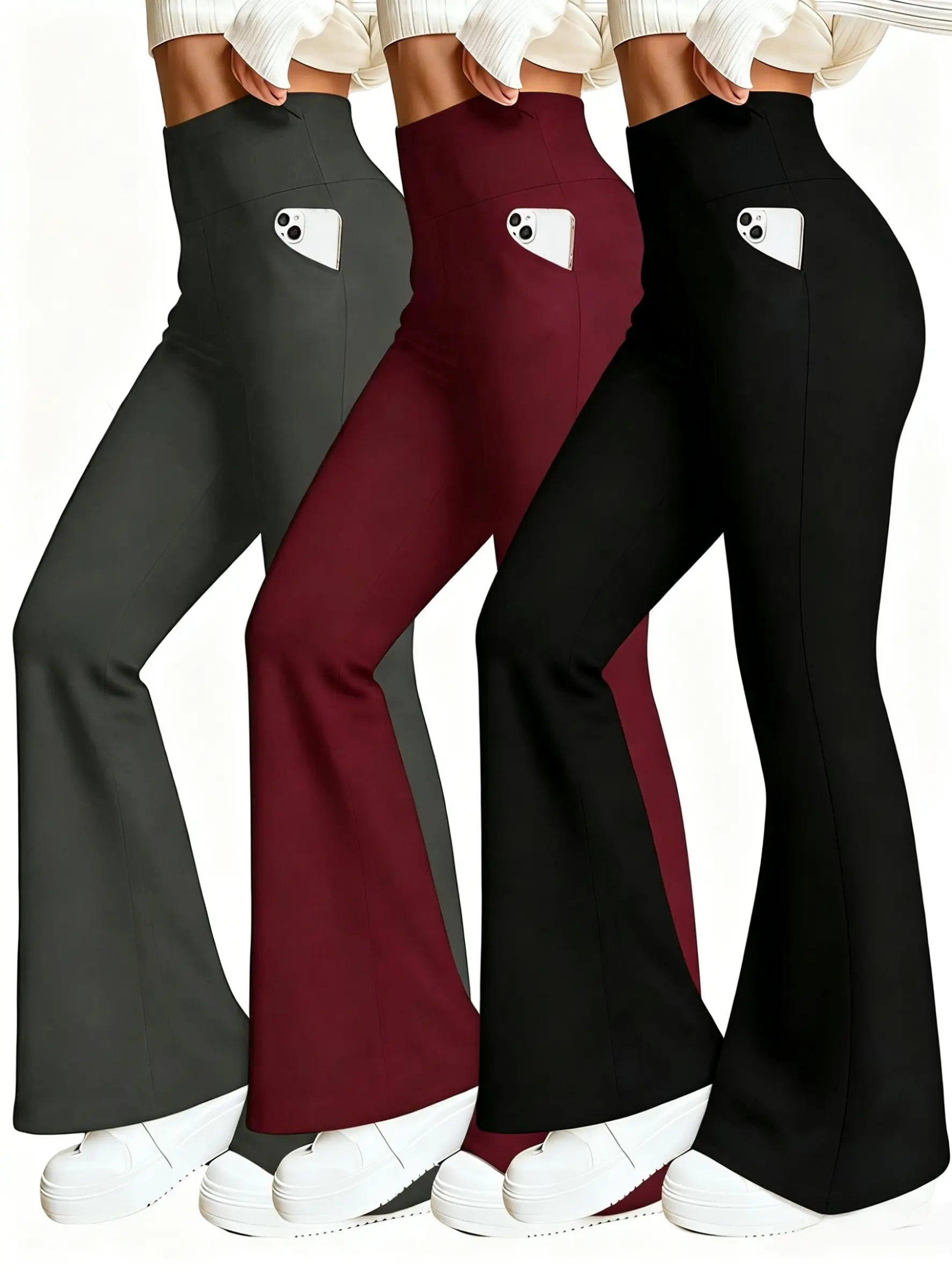 3-piece women's high-waisted wide-leg pants, women's flared pants, fitness and yoga sports flared pants, everyday casual solid-colored flared pants, suitable for all seasons Chic Fit Top Womenswear