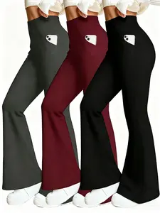 3-piece women's high-waisted wide-leg pants, women's flared pants, fitness and yoga sports flared pants, everyday casual solid-colored flared pants, suitable for all seasons