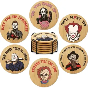 6 Count Horror Movie Character Spooky Coasters Gift Set with Holder - Horror Movie Accessories Bar Coaster for Party Decor, Unique Halloween Round Coasters for Halloween Coffee Table Spooky Kitchen Decor