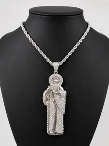 San Judas Tadeo Silver-Plated Ice Diamond Zircon Pendant Necklace, 3.5" Pendant with 24" 4mm Rope Torch Chain, Unisex Diamond Inspired Costume Jewelry for All Occasions, Diamond Inspired Necklaces