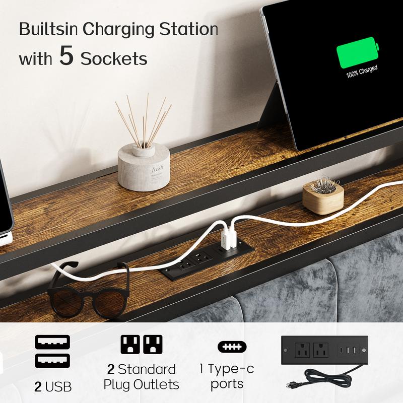 DAYAGO Twin/Full/Queen/King Bed Frame Metal Platform Bed with Headboard, 2-Tier Storage and LED Light, Charging Station Type C & USB Ports, No Box Spring Needed gamer  bed