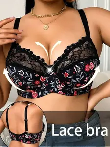 Plus Size Women's Floral Print Fantasy-Elegant Underwire Bra with Adjustable Straps for Summer Black Push-Up Lace Bra