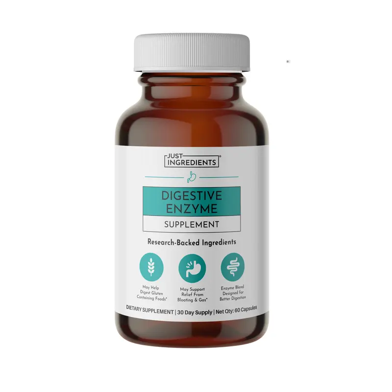 Just Ingredients Digestive Enzyme Supplement - 15-Enzyme Blend for Protein, Fat, Carb & Fiber Digestion - Probiotics, Ox Bile & Betaine HCl - 60 Capsules