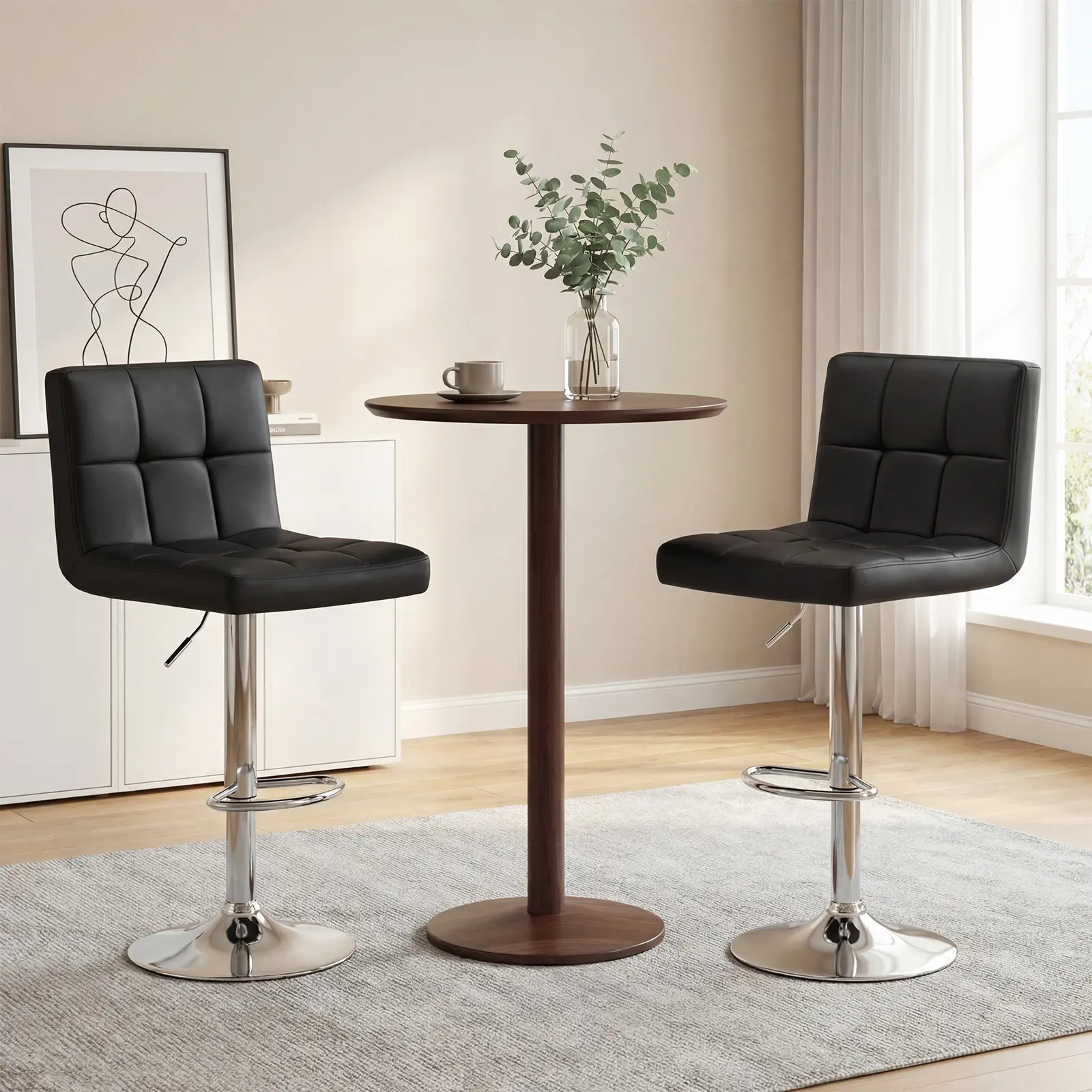 S-Adjustable Height Barstools - PU Leather Swivel Chairs with Hydraulic Lift, Thick Seat Cushions, Backrests, Steel Frame, Home Decor Kitchen Counter Height Furniture