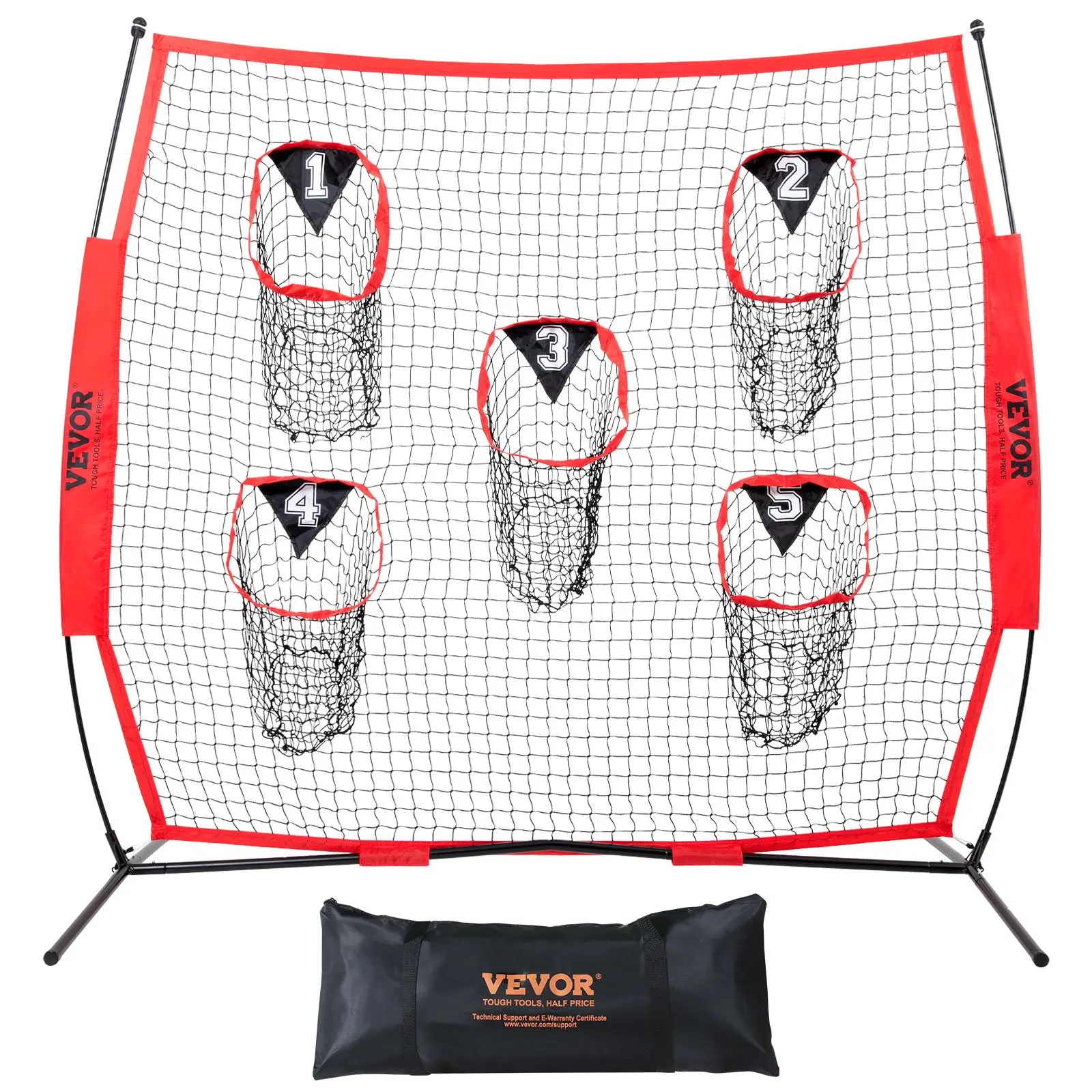 【Summerfinds】VEVOR 7 x 7 ft Football Trainer Throwing Net, Training Throwing Target Practice Net with 5 Target Pockets, Knotless Net Includes Bow Frame and Portable Carry Case, Improve QB Throwing Accuracy, Red