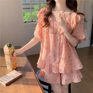Floral Sleepwear Women Pajama Sets O-neck Piiama Short Sleeve Sets 2 Pieces Ruffles Night Wears Korean Fashion Bow Home Suit New