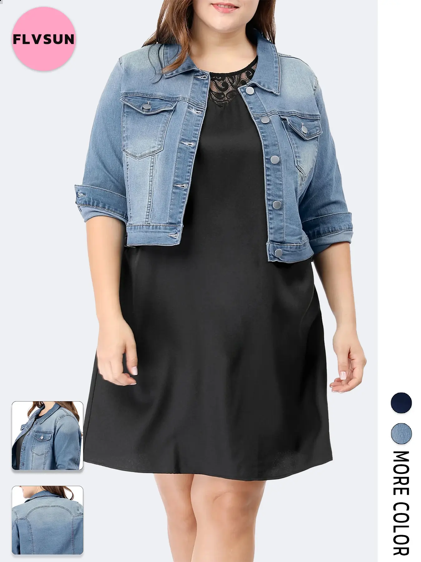 Flvsun Women's Plus Size Lightweight Denim Jean Jacket - Long Sleeve, Button-Closed, Cropped, Stitched Pockets, Soft Breathable Essential Fabric, Minimalist Vintage Graphic Casual Coat - Ideal for Cowboy Skirts, Dresses - 2025 Womenswear Top, Cute, Plus S