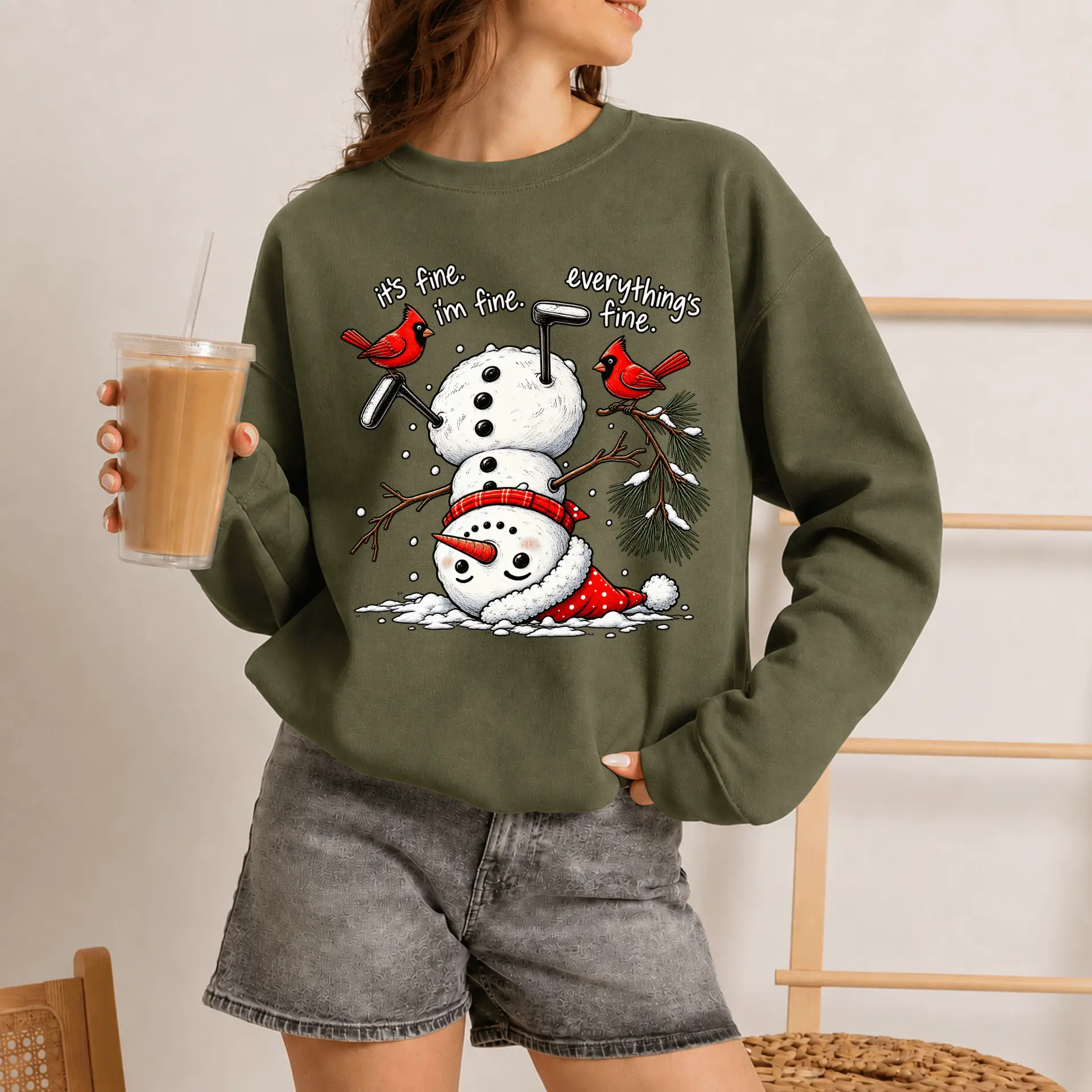 Its Fine Im Fine Everything Fine Snowman Sweatshirt, Funny Red Cardinal Bird Christmas T-Shirt, Cute Winter Graphic Tee, Festive Holiday Apparel