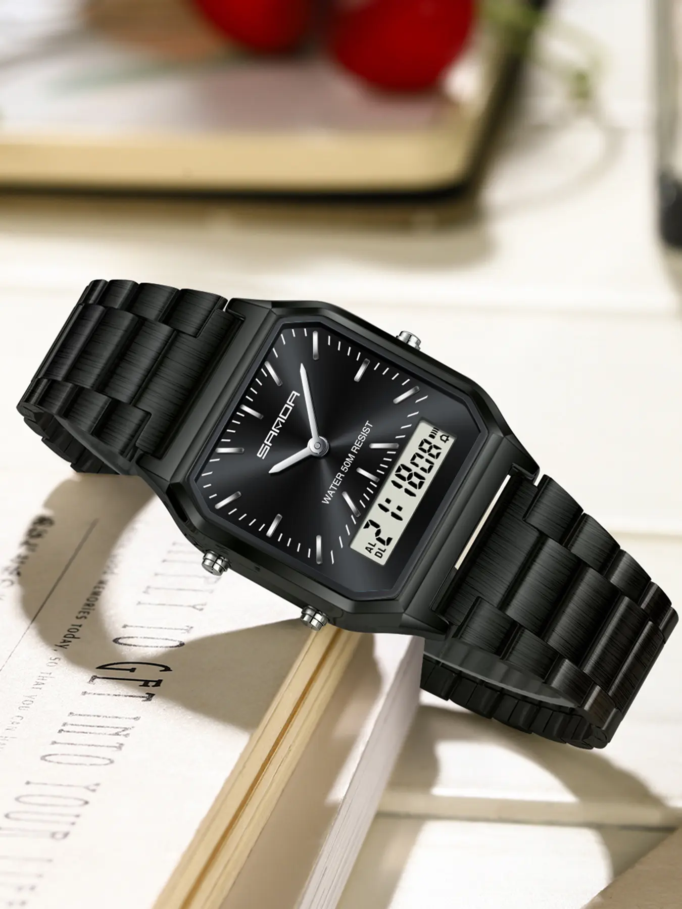 SANDA Digital Dual Display clock Unisex Waterproof Sports Quartz Analog Watch Wristwatches Luxury Stainless Steel Watch, Modern Waterproof Watch with Luminous & Alarm & Calendar Function, Waterproof Multifunctional Watch with Box, Quartz Analog Timepiece