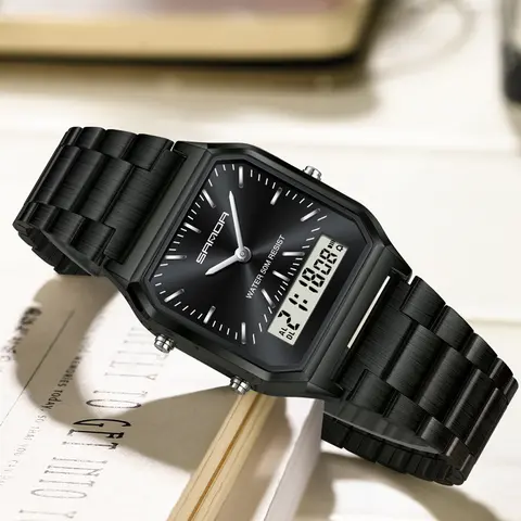 SANDA Digital Dual Display clock Unisex Waterproof Sports Quartz Analog Watch Wristwatches Luxury Stainless Steel Watch, Modern Waterproof Watch with Luminous & Alarm & Calendar Function, Waterproof Multifunctional Watch with Box, Analogue Quartz Watch