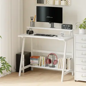 ALISENED Modern Simple Style 31.5" Computer Desk for Home Office with Storage Shelves & Monitor Stand, Sturdy Steel Frame, Adjustable Legs, Open Concept Design Paperwork Visibility