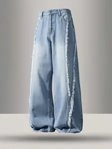 Men's Vintage Patchwork Washed Light Blue Jeans, Loose Straight Leg Denim Jeans, Y2K Style Streetwear Fashion, Menswear, Perfect Gift for Boyfriend Husband