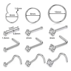 Zircon nose studs, nose rings, stainless steel nose jewelry, titanium steel piercing accessories 12-piece set