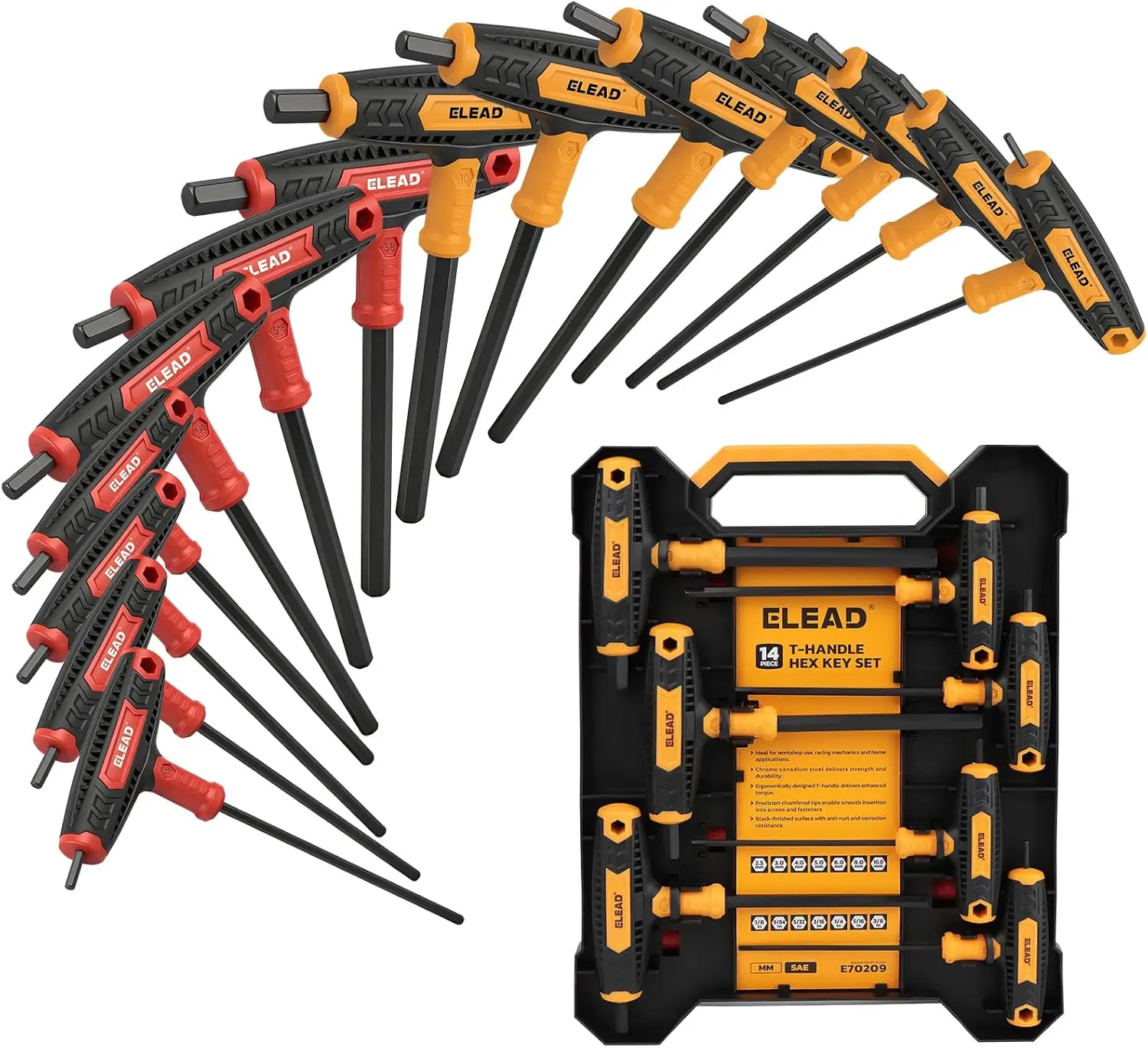 ELEAD 14-Piece T-handle Allen Wrench Set, Metric 2.5mm-10mm & SAE 1/8"-3/8" Portable Hex Key, Long Arm Allen Key Set with Storage Box for Basic Home Repair and Mechanical Maintenance