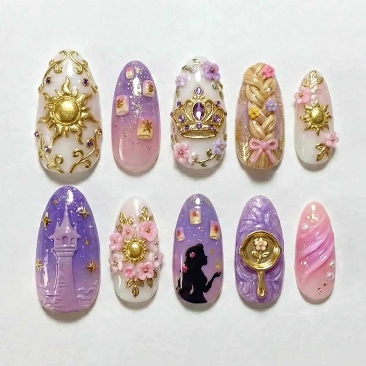 Handmade Lost Princess Magic Hair Inspired Press-On Nails Set - 3D Golden Sun, Floating Lanterns, Purple Tower, Frying Pan Fairytale Nail Art Decorations